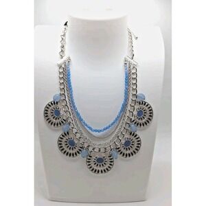 Taramanda Silver Tone Layered Bib Necklace Blue 20" + Extender NWT